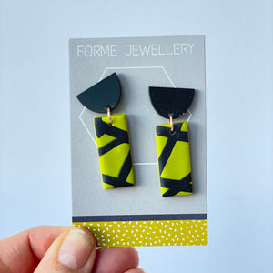 SUPER SECONDS-GREEN AND BLACK RECTANGLE DANGLY STUDS