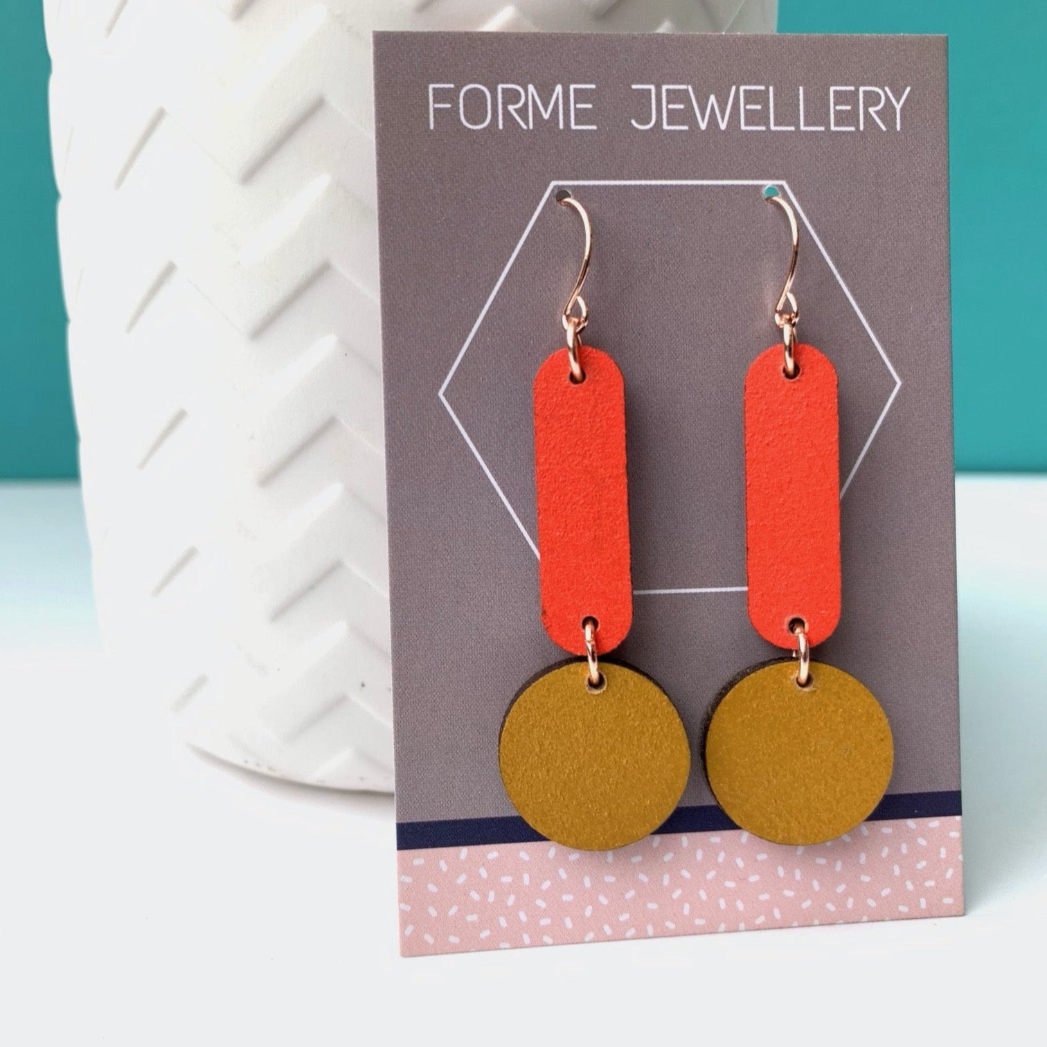 Geometric Dangle Earrings - Red and Mustard