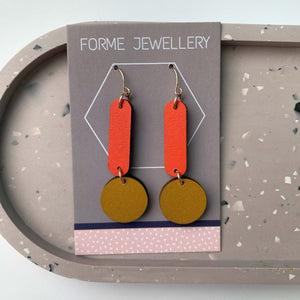 Geometric Dangle Earrings - Red and Mustard