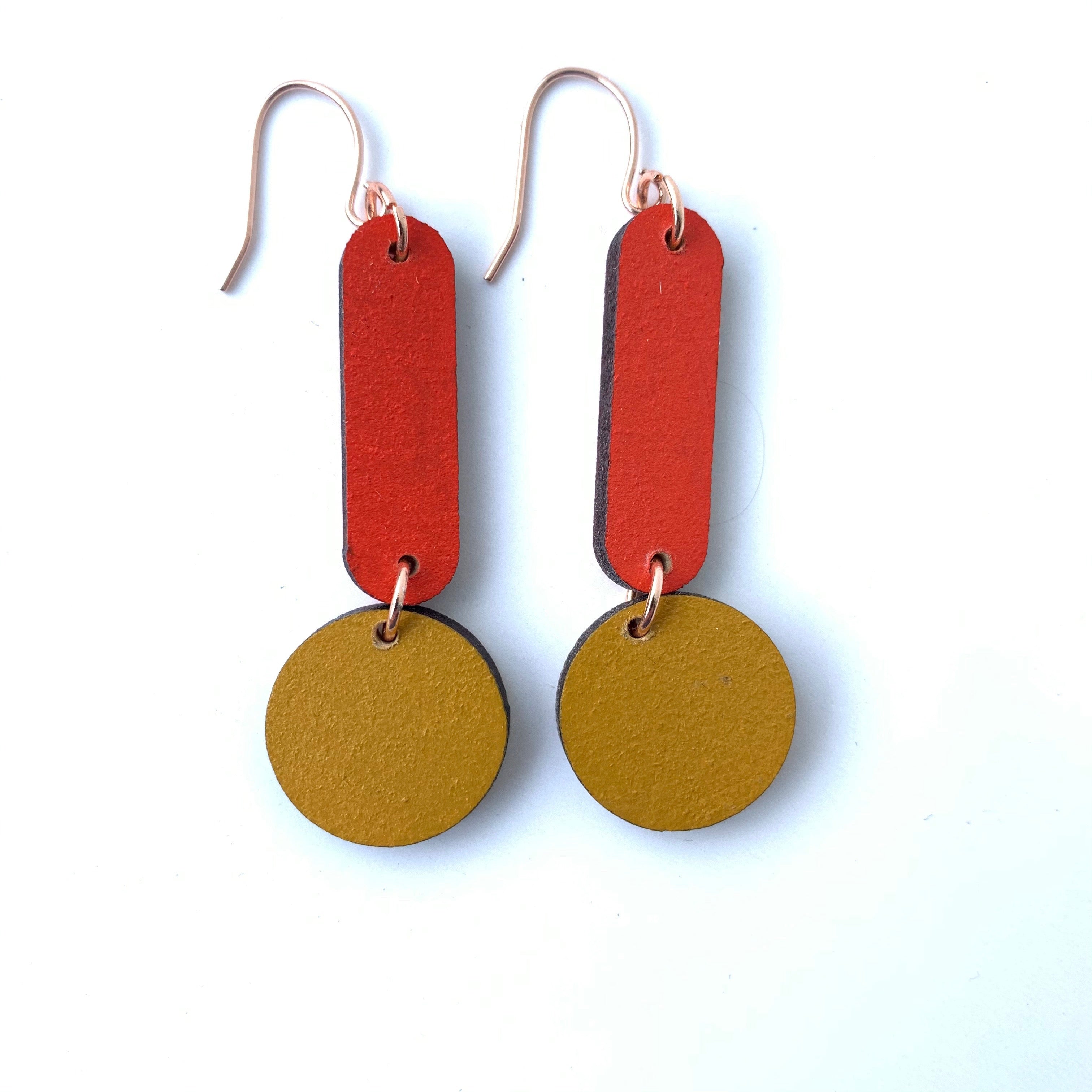 Geometric Dangle Earrings - Red and Mustard
