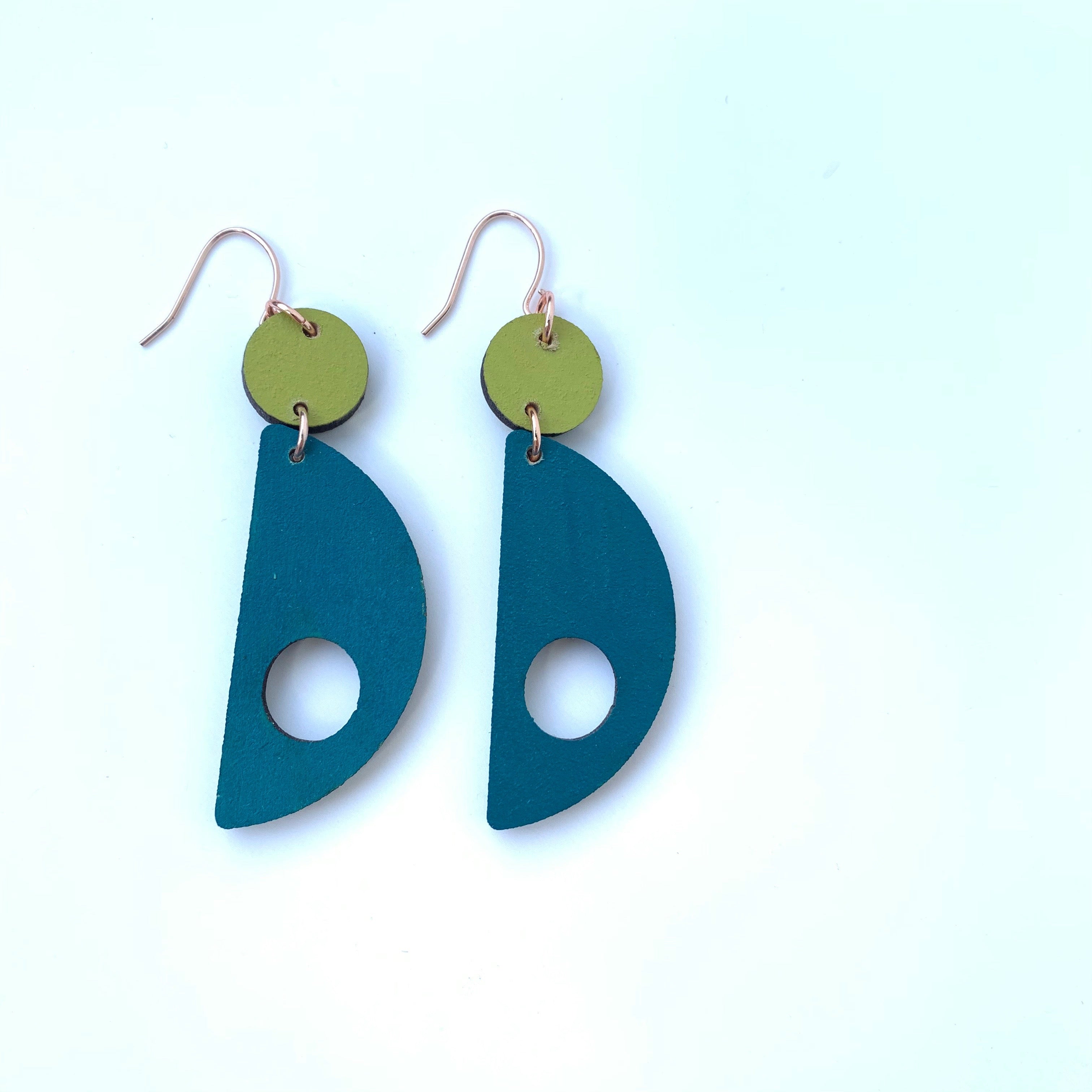 Modernist geometric Earrings by Forme Jewellery in teal and green