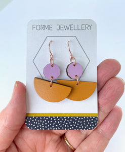 Contemporary Abstract Dangly Earrings in a combination of lilac and ochre