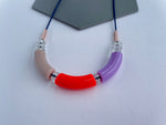Load image into Gallery viewer, Colour Forme Jewellery Colour Block Necklace in Bright Lilac, Bright Coral Red and Taupe

