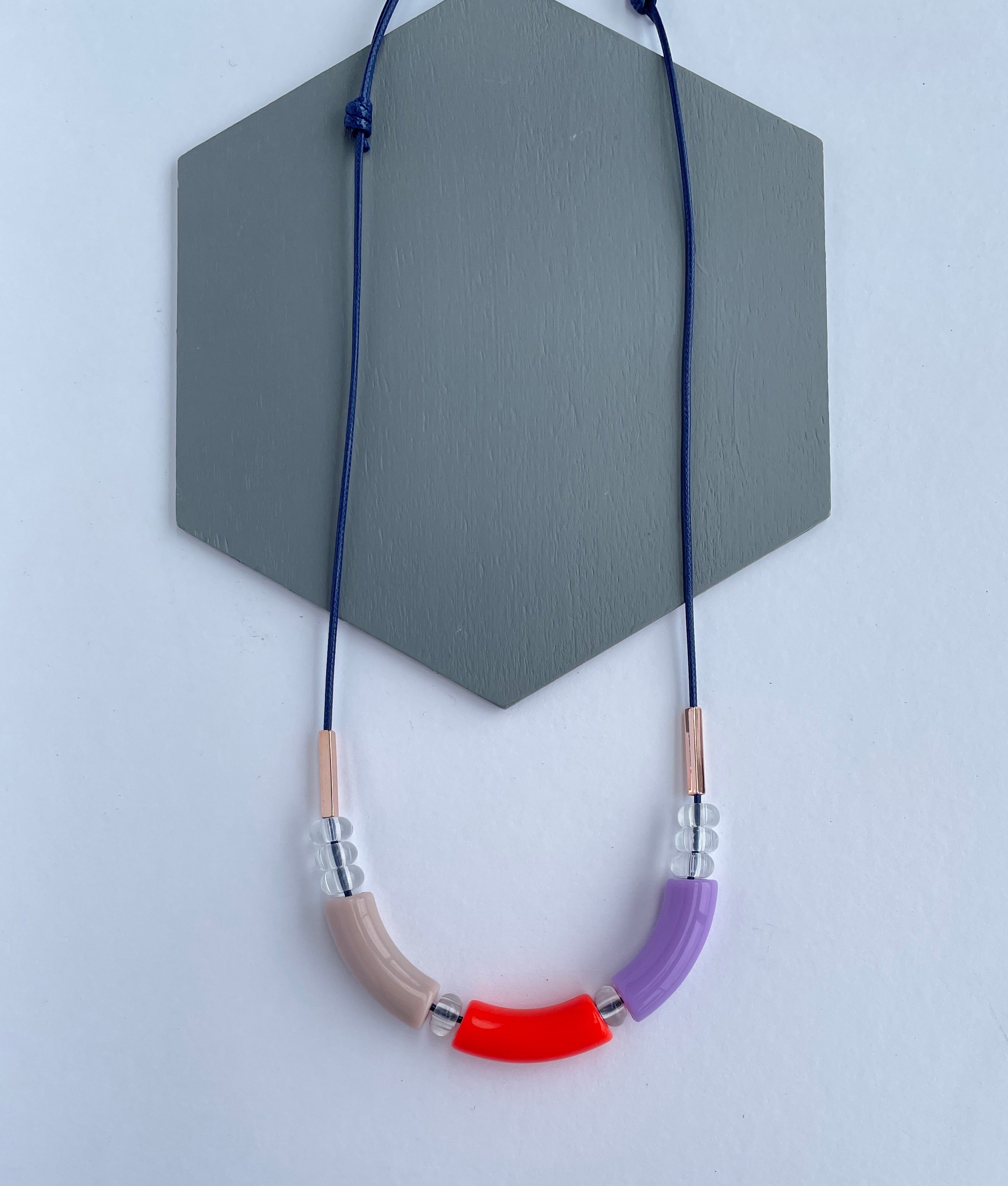 Colour Forme Jewellery Colour Block Necklace in Bright Lilac, Bright Coral Red and Taupe